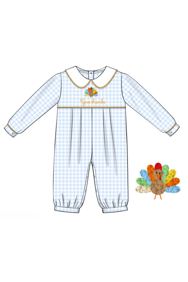 The Smocked Flamingo Apparel & Accessories French Knot Blue Gingham Give Thanks Turkey Romper