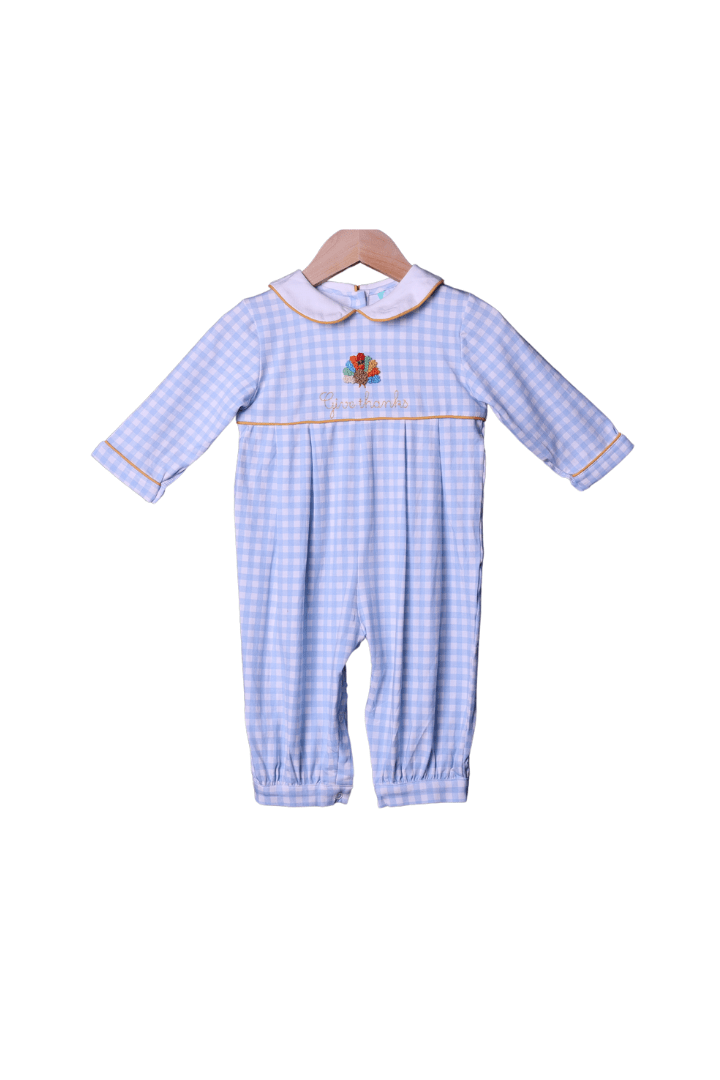 The Smocked Flamingo Apparel & Accessories French Knot Blue Gingham Give Thanks Turkey Romper