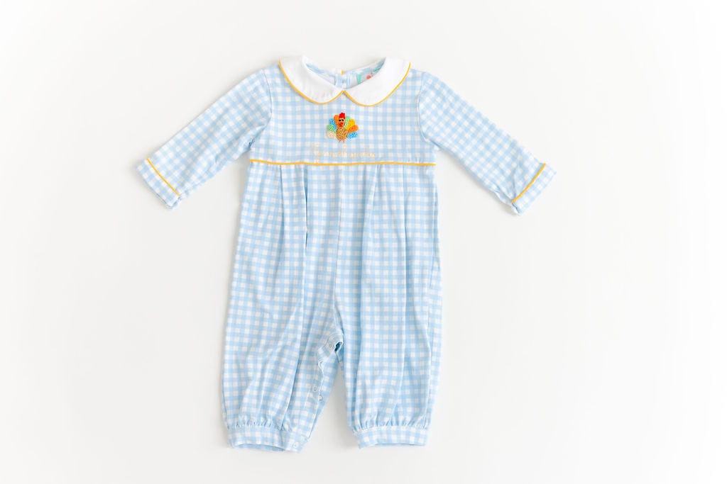 The Smocked Flamingo Apparel & Accessories French Knot Blue Gingham Give Thanks Turkey Romper