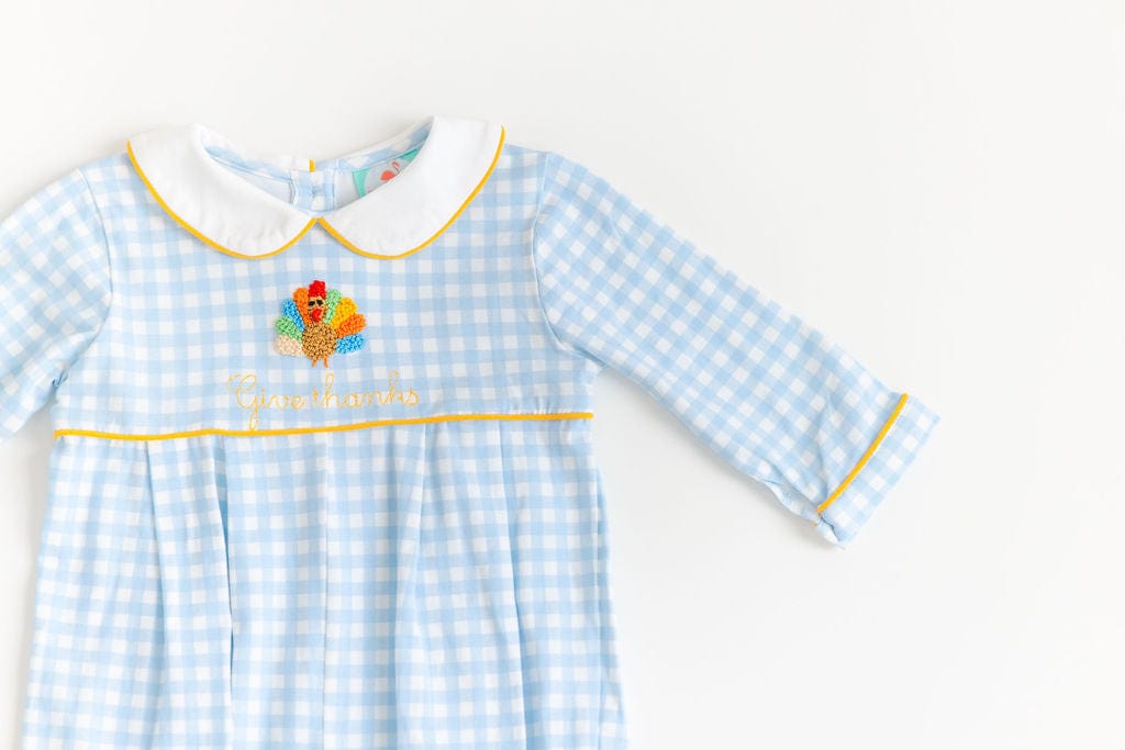 The Smocked Flamingo Apparel & Accessories French Knot Blue Gingham Give Thanks Turkey Romper