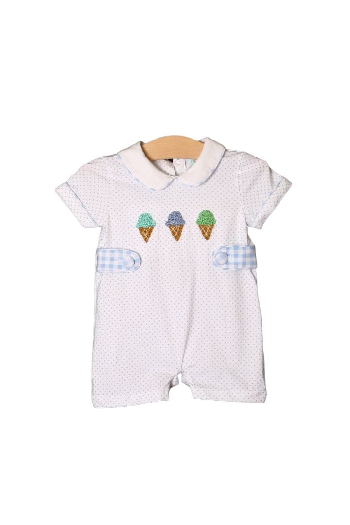 The Smocked Flamingo Apparel & Accessories French Knot Blue Ice Cream Romper