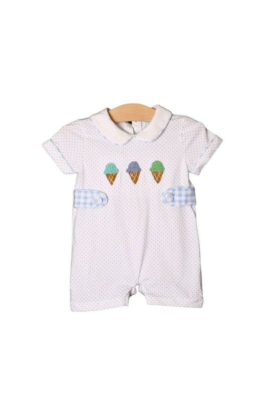 The Smocked Flamingo Apparel & Accessories French Knot Blue Ice Cream Romper