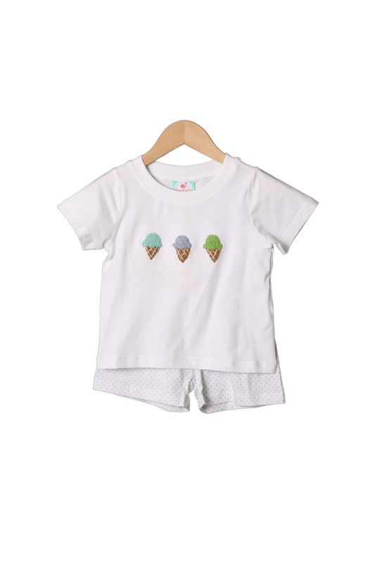 The Smocked Flamingo Apparel & Accessories French Knot Blue Ice Cream Short Set