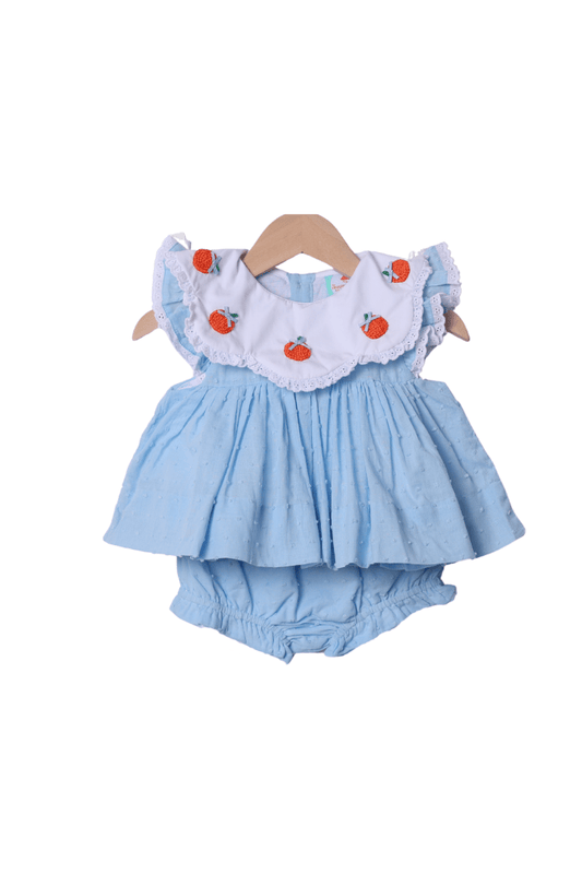 The Smocked Flamingo Apparel & Accessories French Knot Blue Scalloped Swiss Dot Pumpkin Bloomer Set