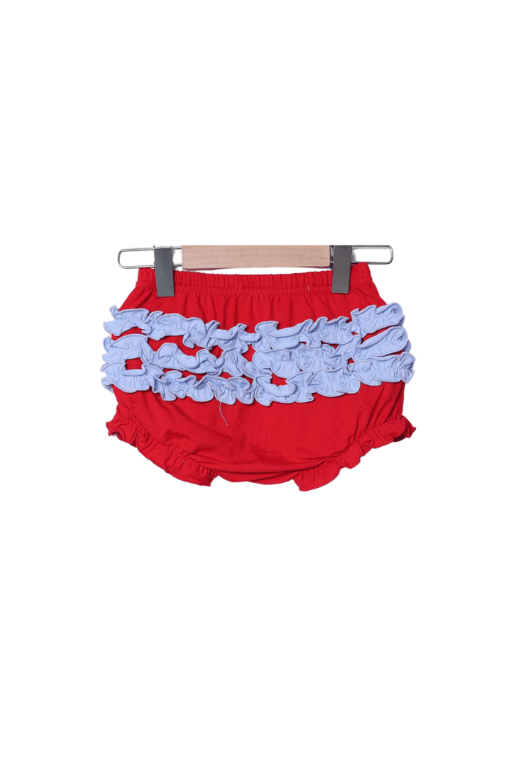The Smocked Flamingo Apparel & Accessories French Knot Boat Captain Blue/Red Cross Back Bloomer Set