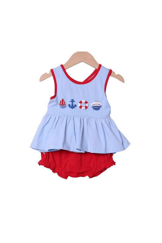 The Smocked Flamingo Apparel & Accessories French Knot Boat Captain Blue/Red Cross Back Bloomer Set