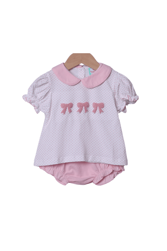 The Smocked Flamingo Apparel & Accessories French Knot Bow Pink Dot Bloomer Set