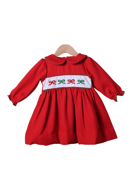 The Smocked Flamingo Apparel & Accessories French Knot Bows Red Honeycomb Dress