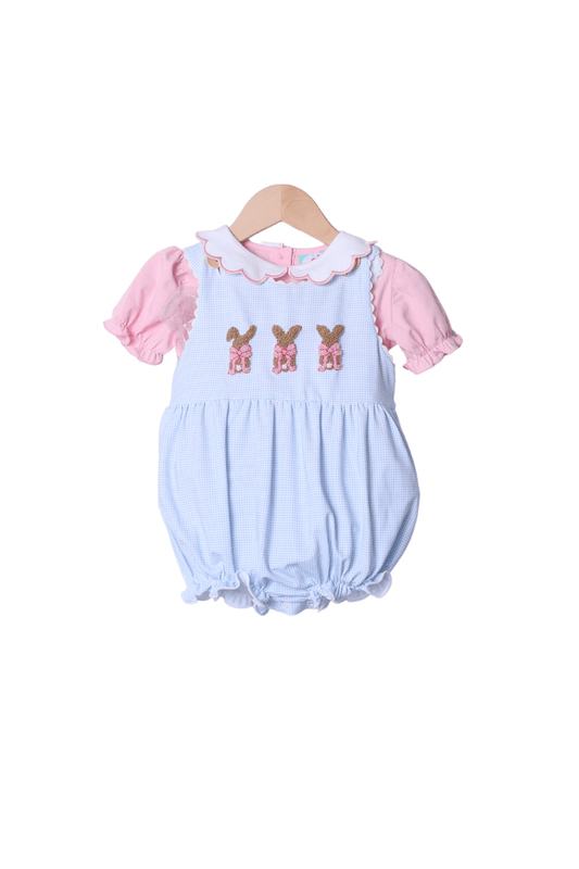 The Smocked Flamingo Apparel & Accessories French Knot Bunny Blue Knit Gingham Bubble Set