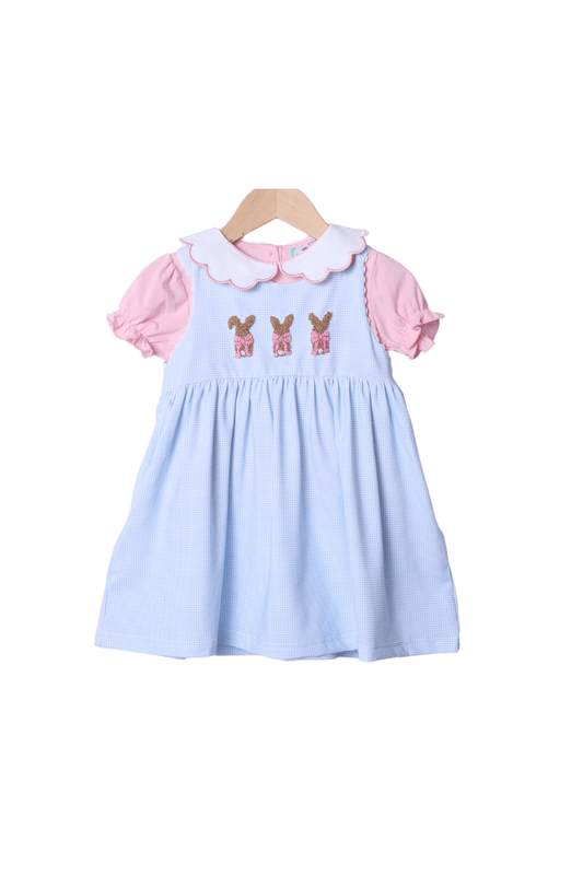 The Smocked Flamingo Apparel & Accessories French Knot Bunny Blue Knit Gingham Dress Set