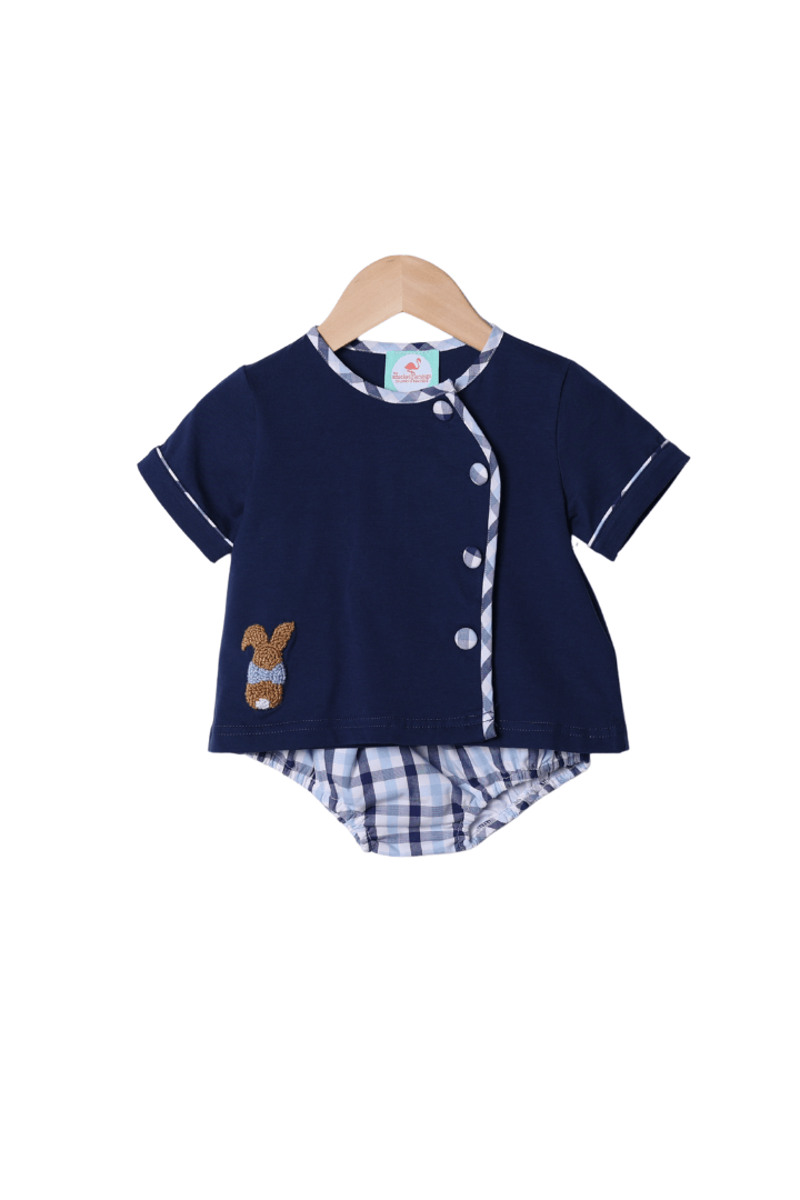 The Smocked Flamingo Apparel & Accessories French Knot Bunny Navy Plaid Button Diaper Set