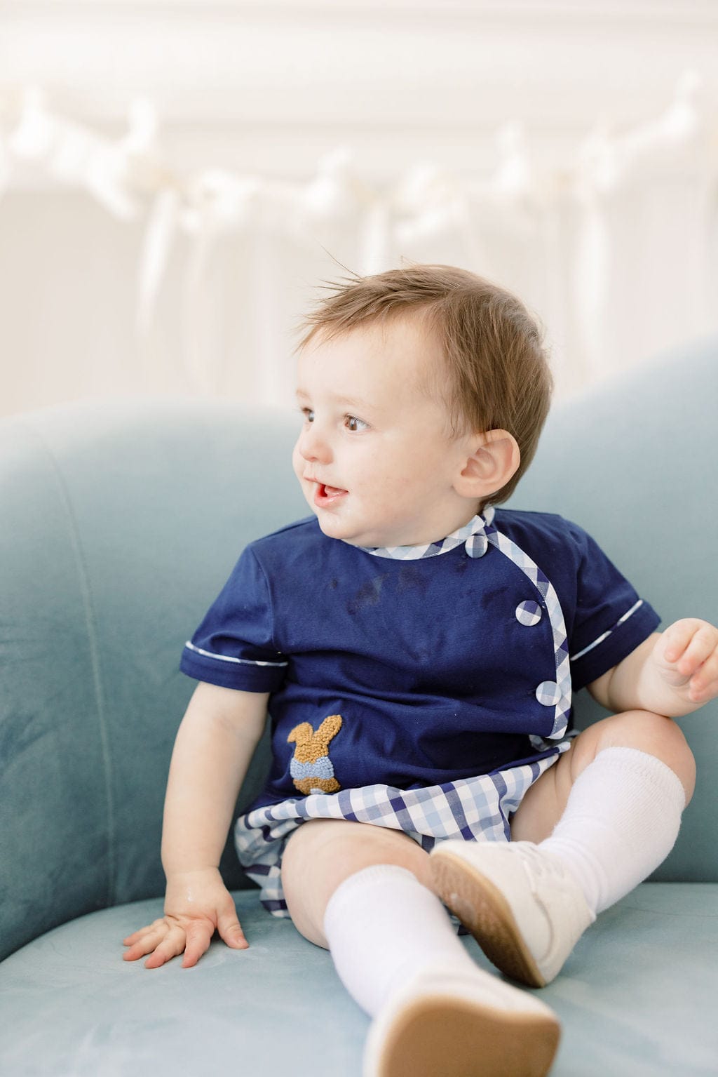 The Smocked Flamingo Apparel & Accessories French Knot Bunny Navy Plaid Button Diaper Set