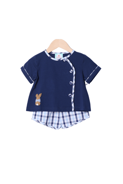 The Smocked Flamingo Apparel & Accessories French Knot Bunny Navy Plaid Button Short Set