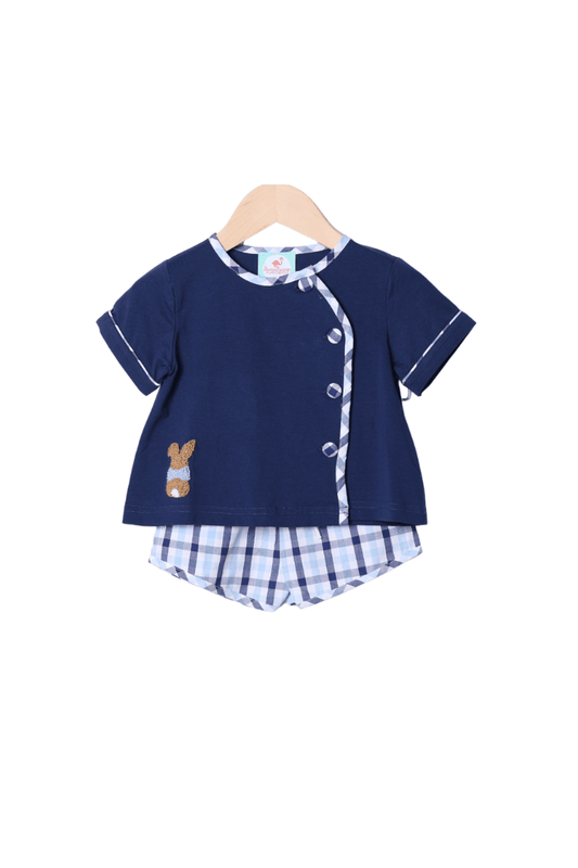 The Smocked Flamingo Apparel & Accessories French Knot Bunny Navy Plaid Button Short Set