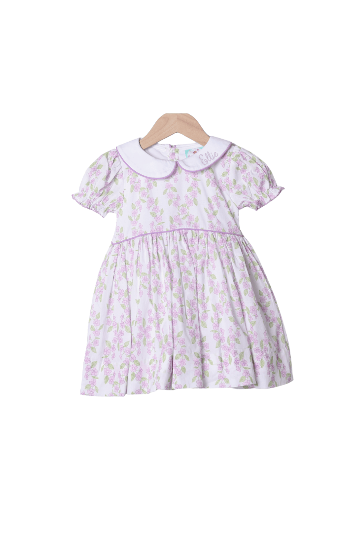 The Smocked Flamingo Apparel & Accessories French Knot Bunny Removable Tab Lavender Floral Dress