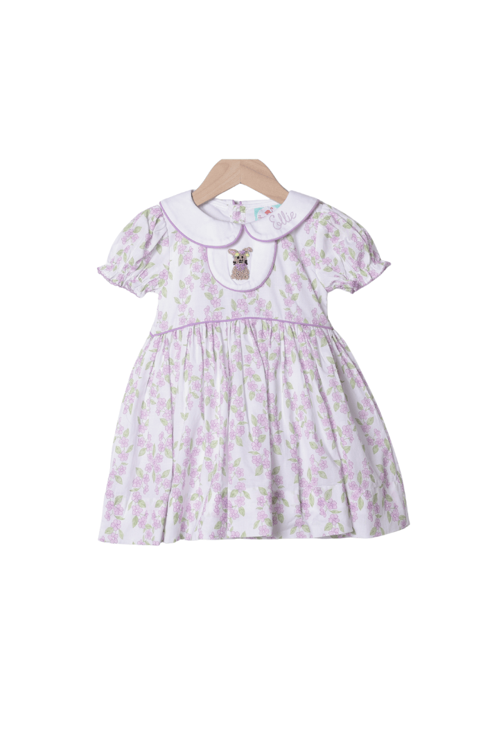 The Smocked Flamingo Apparel & Accessories French Knot Bunny Removable Tab Lavender Floral Dress