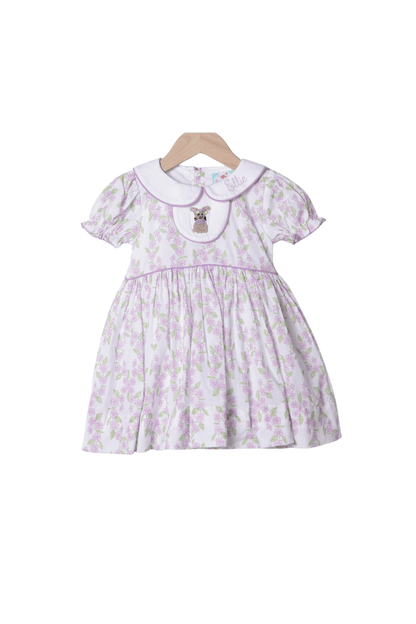 The Smocked Flamingo Apparel & Accessories French Knot Bunny Removable Tab Lavender Floral Dress