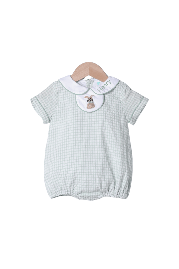 The Smocked Flamingo Apparel & Accessories French Knot Bunny Removable Tab Sage Windowpane Bubble