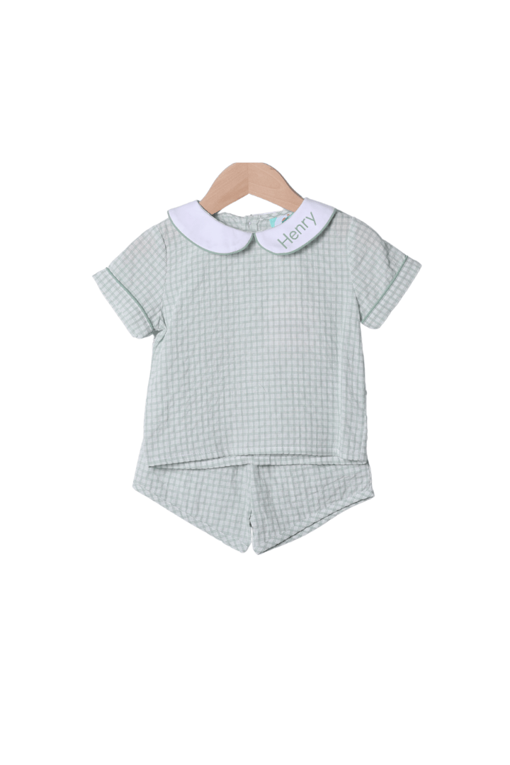 The Smocked Flamingo Apparel & Accessories French Knot Bunny Removable Tab Sage Windowpane Short Set