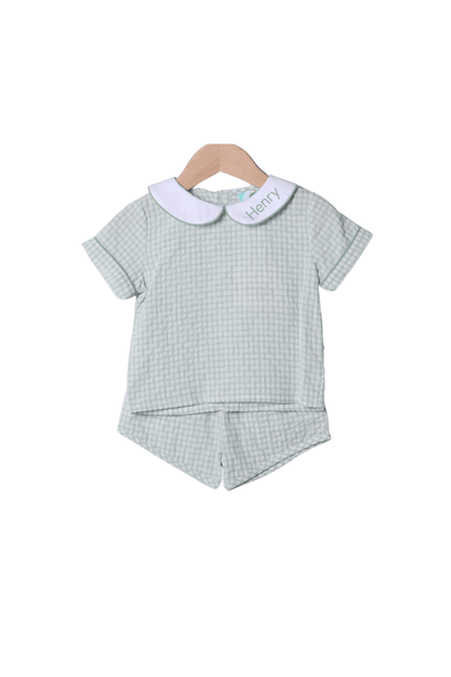 The Smocked Flamingo Apparel & Accessories French Knot Bunny Removable Tab Sage Windowpane Short Set