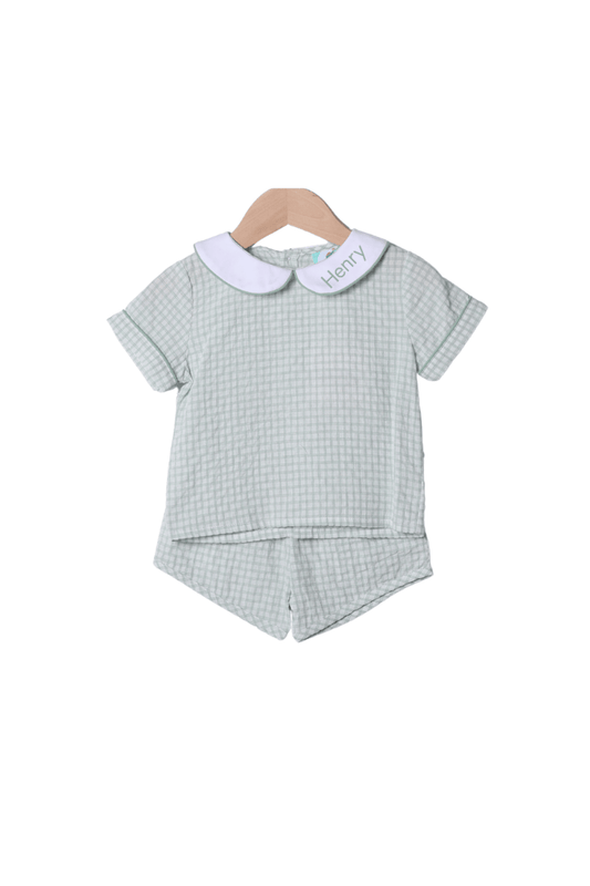 The Smocked Flamingo Apparel & Accessories French Knot Bunny Removable Tab Sage Windowpane Short Set