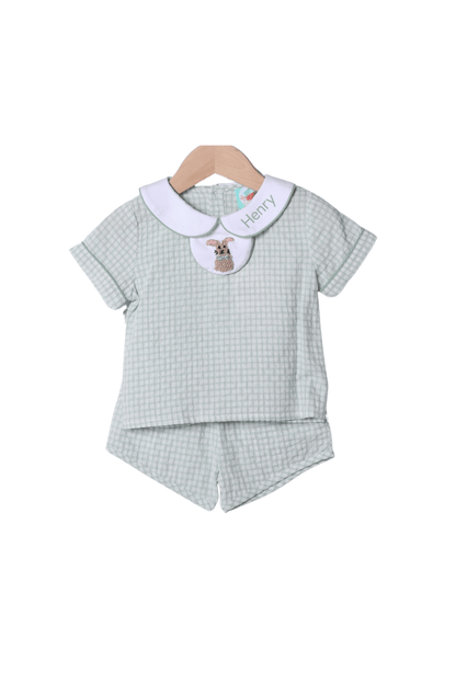 The Smocked Flamingo Apparel & Accessories French Knot Bunny Removable Tab Sage Windowpane Short Set