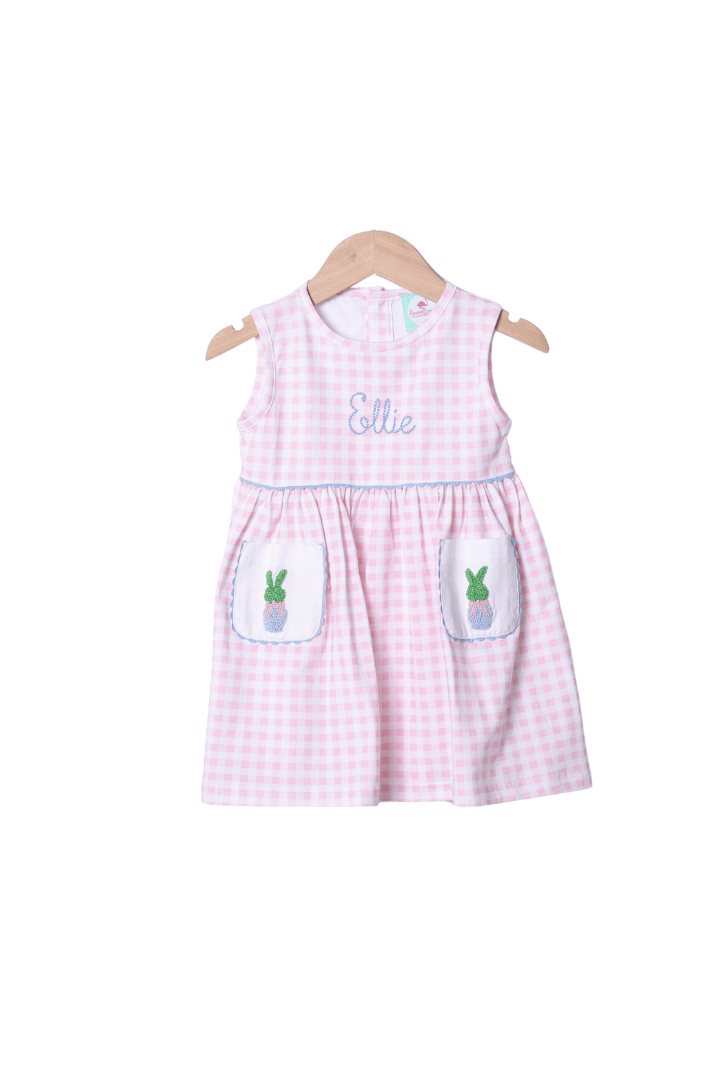 The Smocked Flamingo Apparel & Accessories French Knot Bunny Topiary Pink Gingham Dress