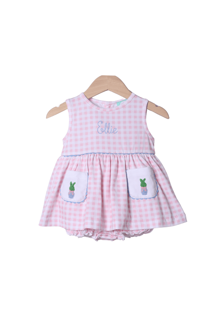 The Smocked Flamingo Apparel & Accessories French Knot Bunny Topiary Pink Gingham Skirted Bubble