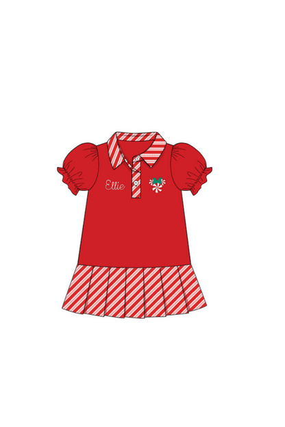 The Smocked Flamingo Apparel & Accessories French Knot Candy Cane Mouse Pleated Dress