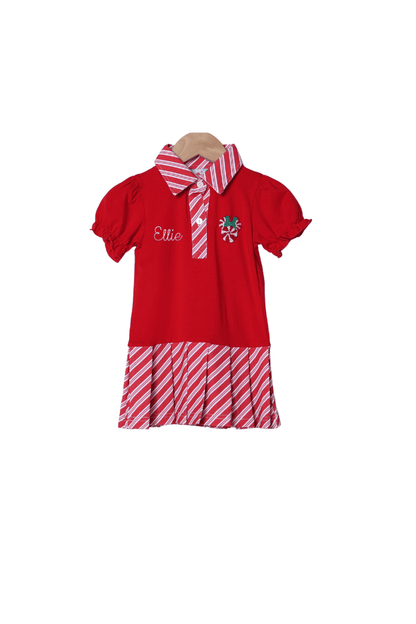 The Smocked Flamingo Apparel & Accessories French Knot Candy Cane Mouse Pleated Dress