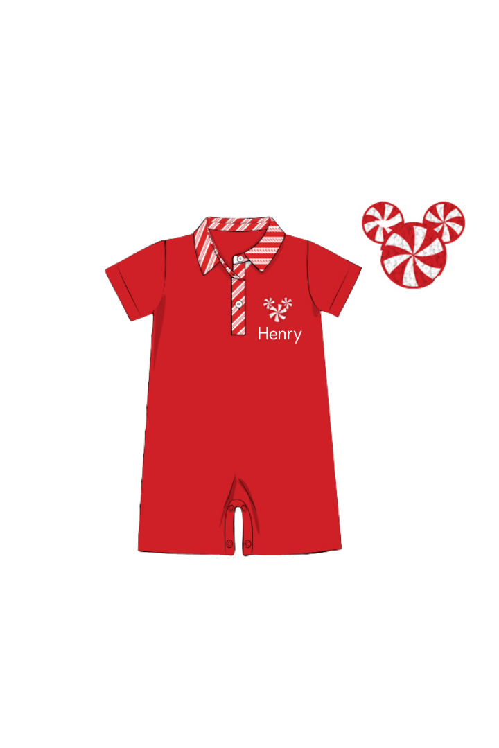 The Smocked Flamingo Apparel & Accessories French Knot Candy Cane Mouse Polo Romper