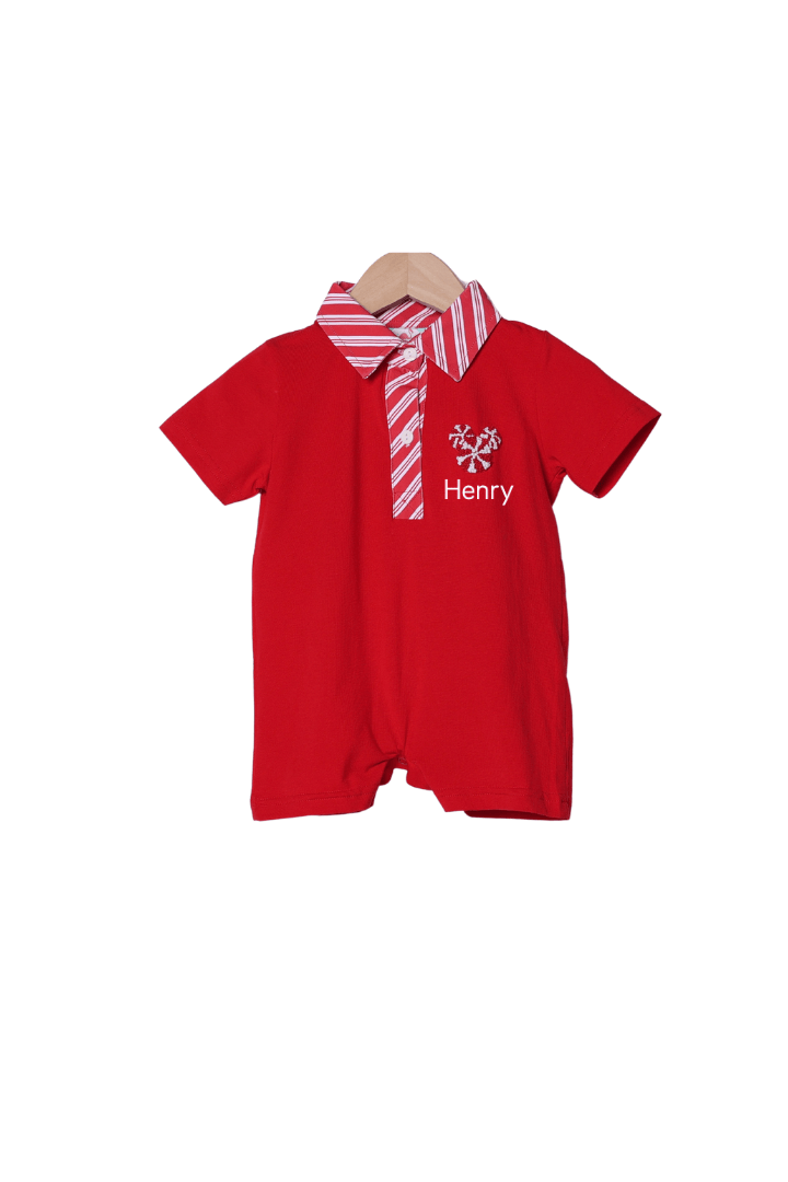 The Smocked Flamingo Apparel & Accessories French Knot Candy Cane Mouse Polo Romper
