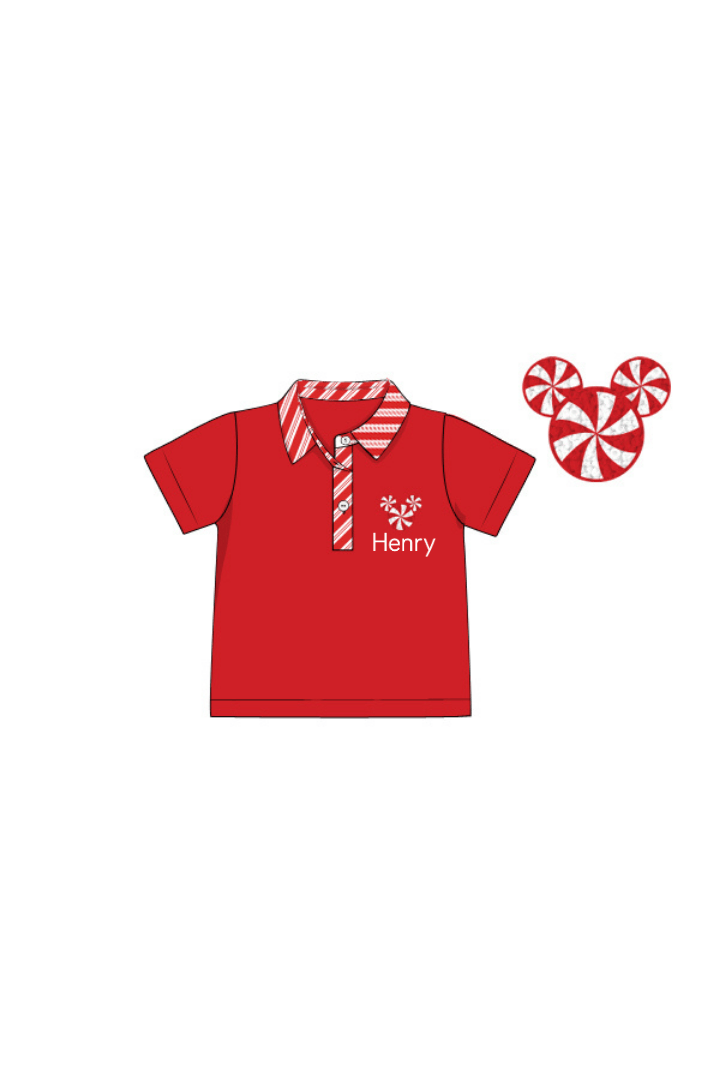 The Smocked Flamingo Apparel & Accessories French Knot Candy Cane Mouse Polo Shirt