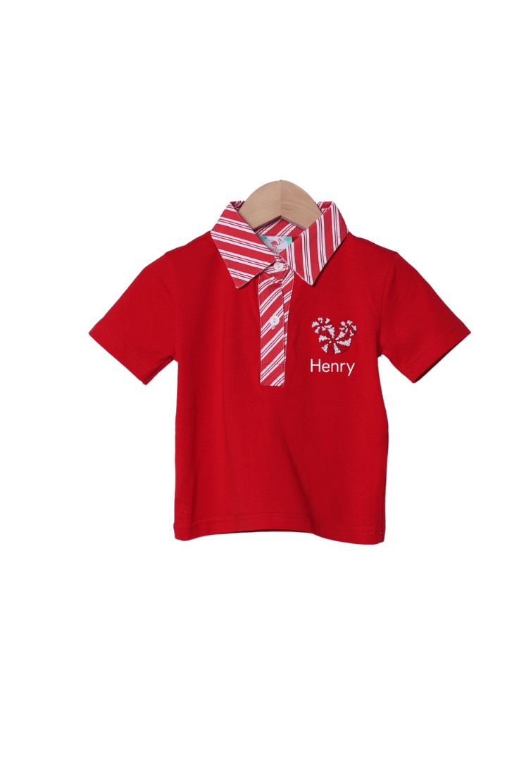 The Smocked Flamingo Apparel & Accessories French Knot Candy Cane Mouse Polo Shirt