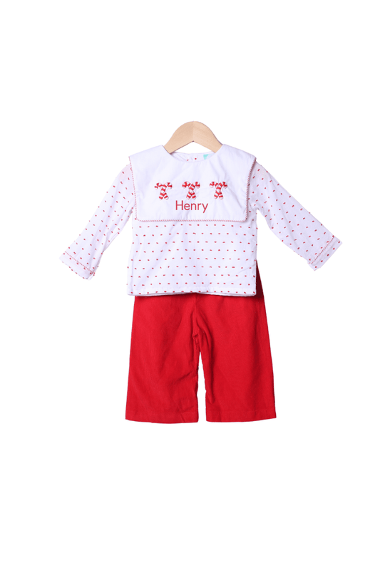 The Smocked Flamingo Apparel & Accessories French Knot Candy Cane Swiss Dot Bib Pant Set