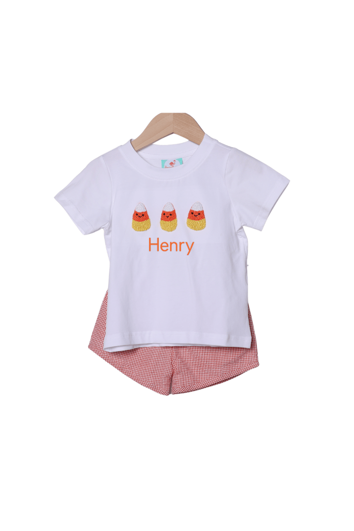 The Smocked Flamingo Apparel & Accessories French Knot Candy Corn Orange Gingham Short Set