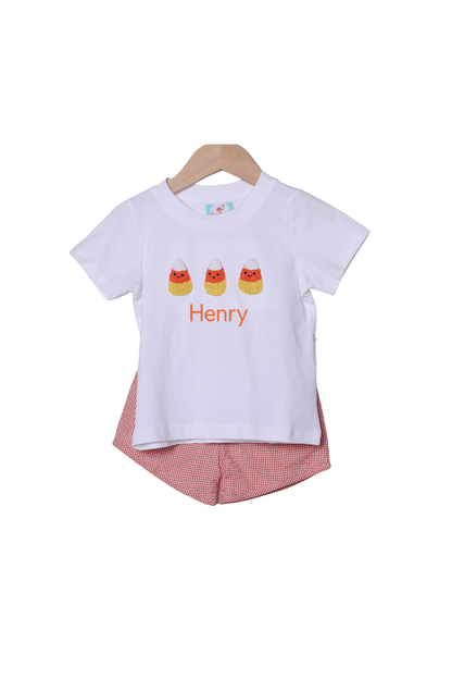 The Smocked Flamingo Apparel & Accessories French Knot Candy Corn Orange Gingham Short Set