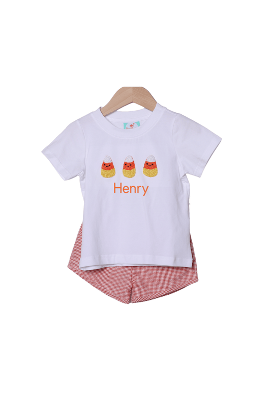 The Smocked Flamingo Apparel & Accessories French Knot Candy Corn Orange Gingham Short Set