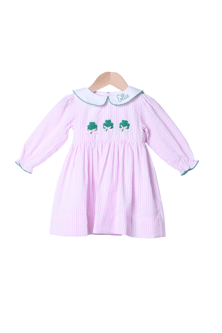 The Smocked Flamingo Apparel & Accessories French Knot Clover Pink Seersucker Dress