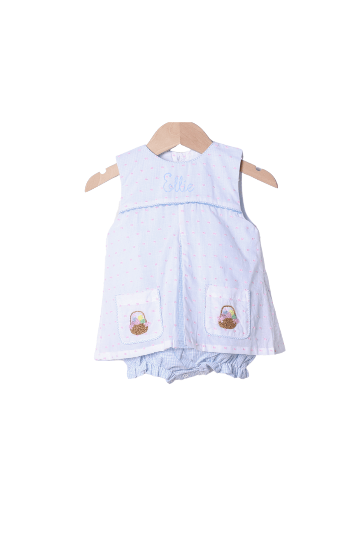 The Smocked Flamingo Apparel & Accessories French Knot Easter Basket Swiss Dot Skirted Bubble