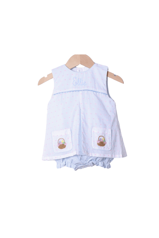 The Smocked Flamingo Apparel & Accessories French Knot Easter Basket Swiss Dot Skirted Bubble