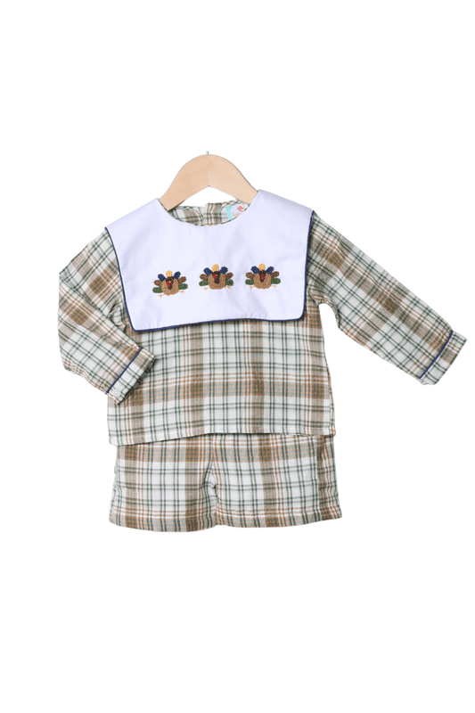 The Smocked Flamingo Apparel & Accessories French Knot Fall Plaid Turkey Short Set
