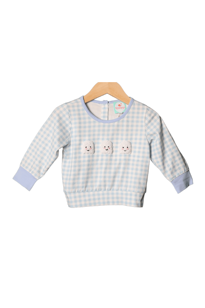 The Smocked Flamingo Apparel & Accessories French Knot Ghost Blue Gingham Lightweight Pullover