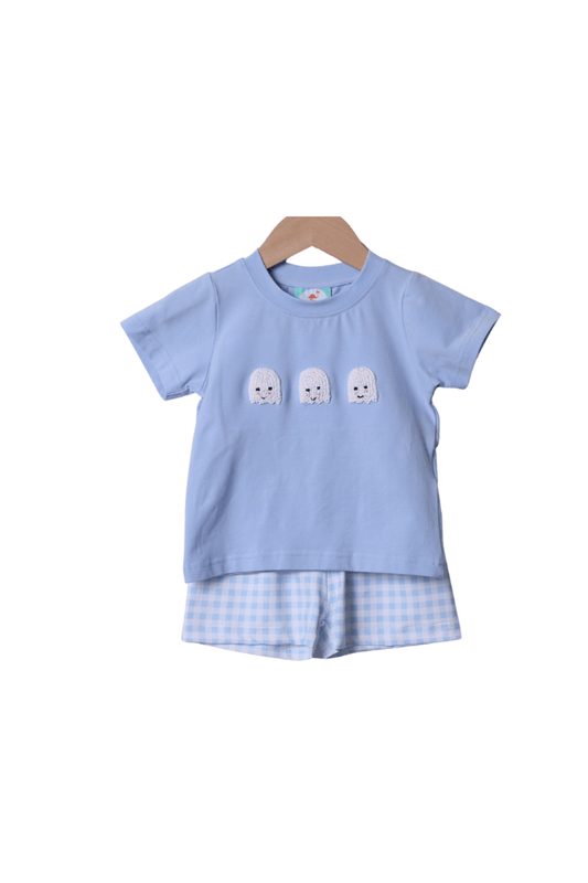 The Smocked Flamingo Apparel & Accessories French Knot Ghost Blue Gingham Short Set