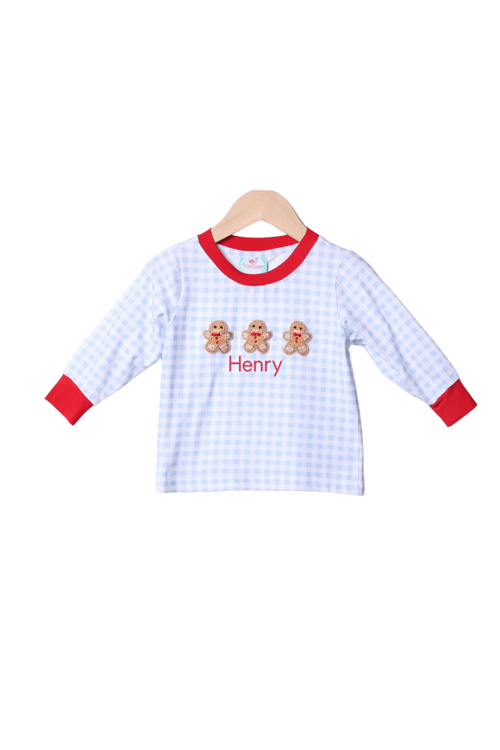 The Smocked Flamingo Apparel & Accessories French Knot Gingerbread Blue Gingham Long Sleeve Shirt