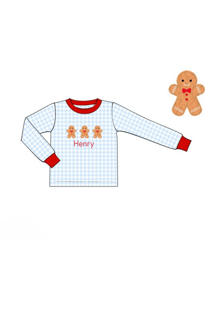 The Smocked Flamingo Apparel & Accessories French Knot Gingerbread Blue Gingham Long Sleeve Shirt