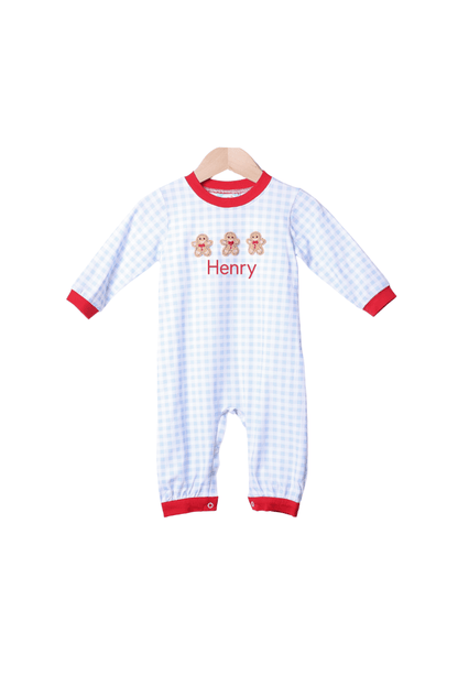 The Smocked Flamingo Apparel & Accessories French Knot Gingerbread Blue Gingham Romper