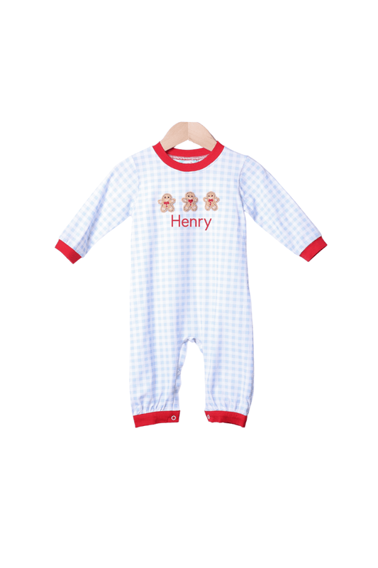 The Smocked Flamingo Apparel & Accessories French Knot Gingerbread Blue Gingham Romper