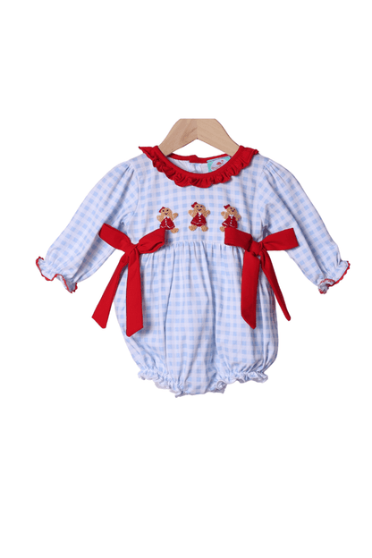 The Smocked Flamingo Apparel & Accessories French Knot Gingerbread Blue Gingham Ruffle Bubble