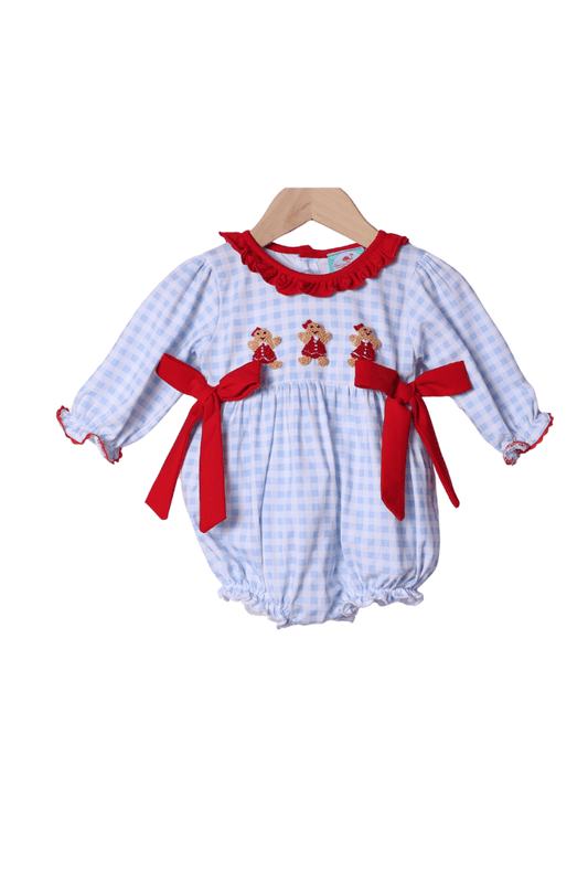 The Smocked Flamingo Apparel & Accessories French Knot Gingerbread Blue Gingham Ruffle Bubble